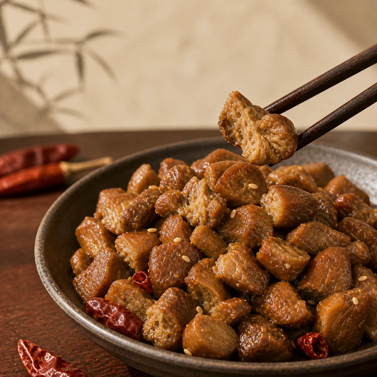 筷子夹起花蝴蝶爆汁香菇,菌肉断面吸满鲜辣汁